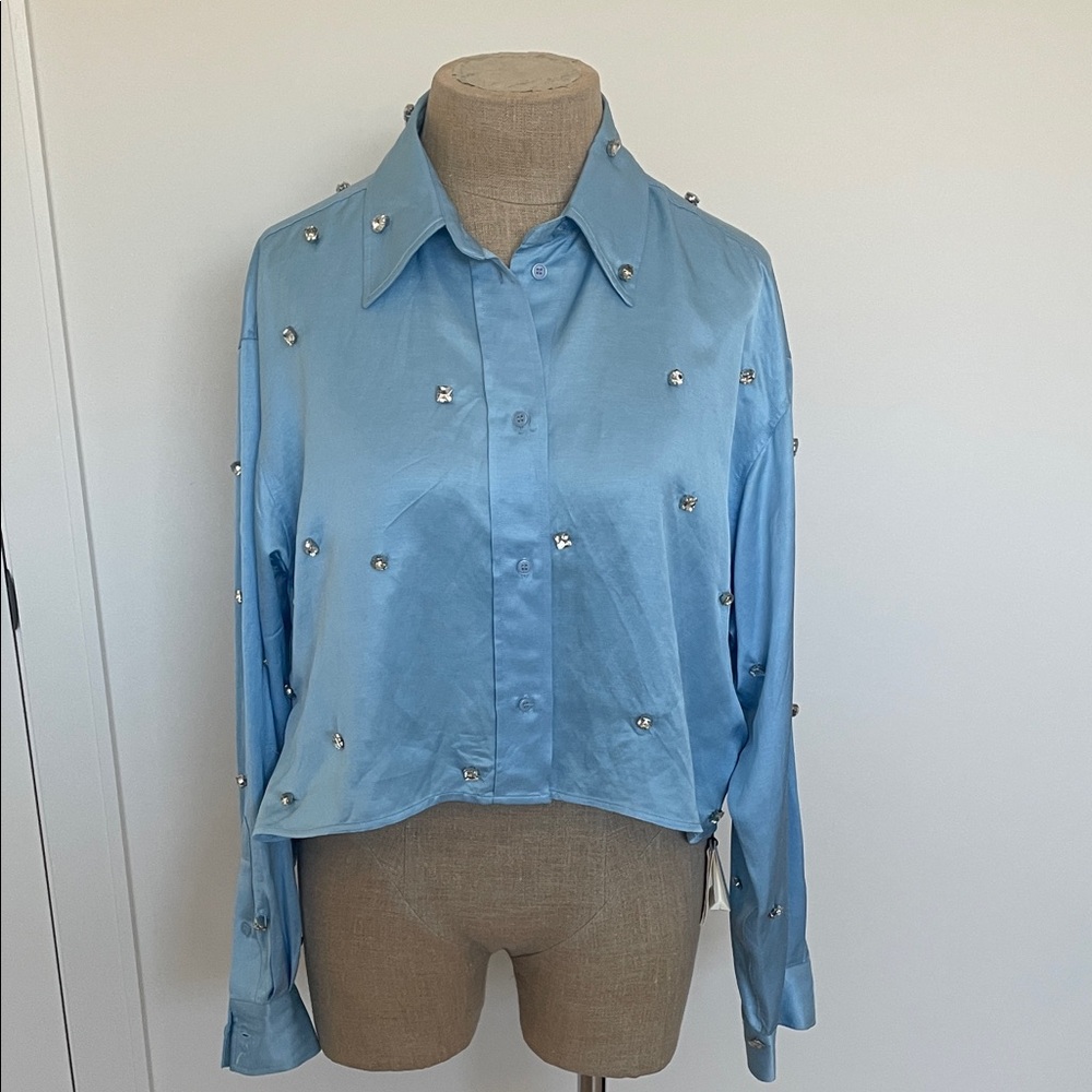 Sandro Light Blue Embellished Satin Button-Down Shirt